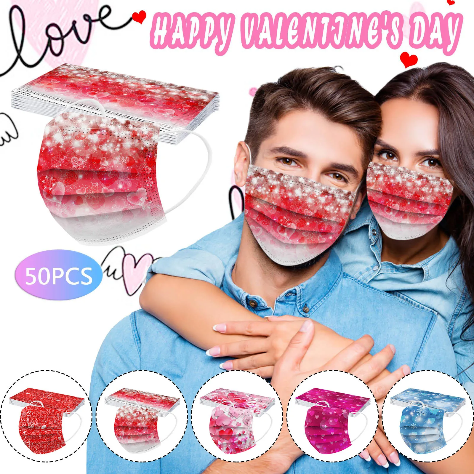 

10pcs Disposable Face Masks Unisex Adults Valentine's Day Printed 3-layer Masks 50pcs Halloween Cosplay Mascarillas