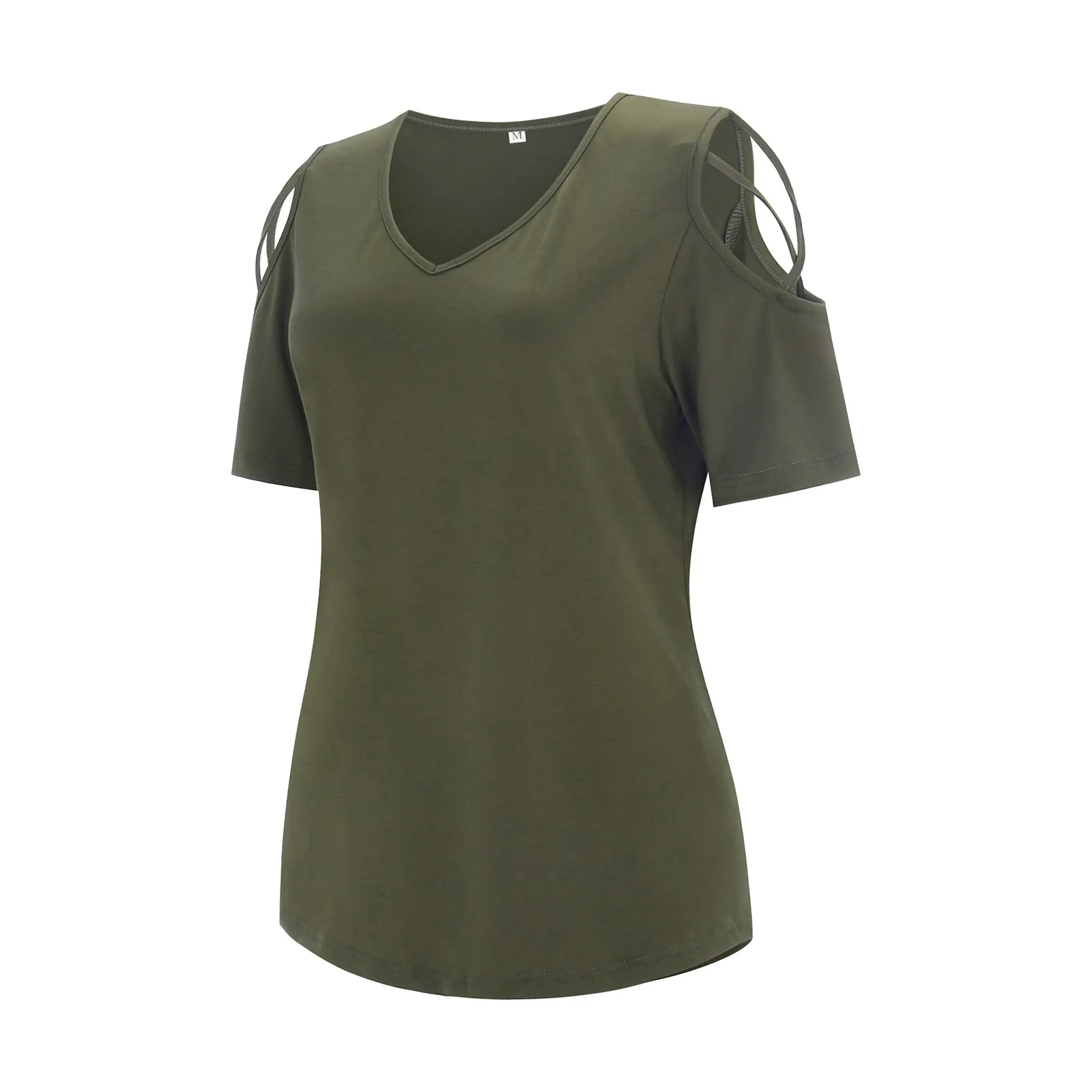 

40# V Neck Cold Shoulder Shirt 2021 Strappy Female Short Sleeve Summer Blouse Casual Ladies Solid Color Women's Blouse