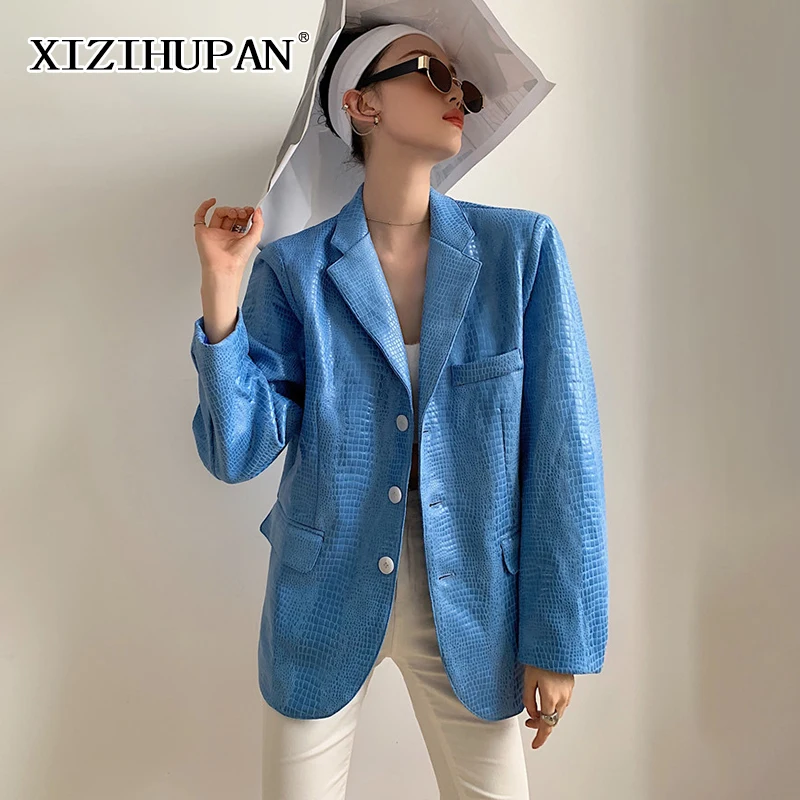 

XIZIHUPAN Минималистичная Синяя Женская куртка с отложным воротником и длинным рукавом корейская мода повседневное Свободное пальто женская о...