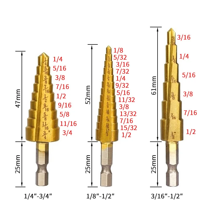 3pcs Large HSS Steel Step Cone Cut Set Drill Tools Titanium Coated Metal High Speed Bit |