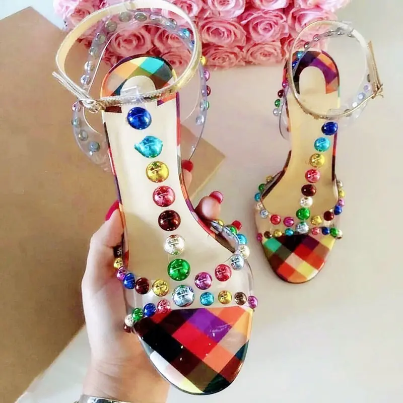 2023 Summer sexy lady Casual Designer women's sandals multicolor studded spikes strappy ankke high heels shoes large size