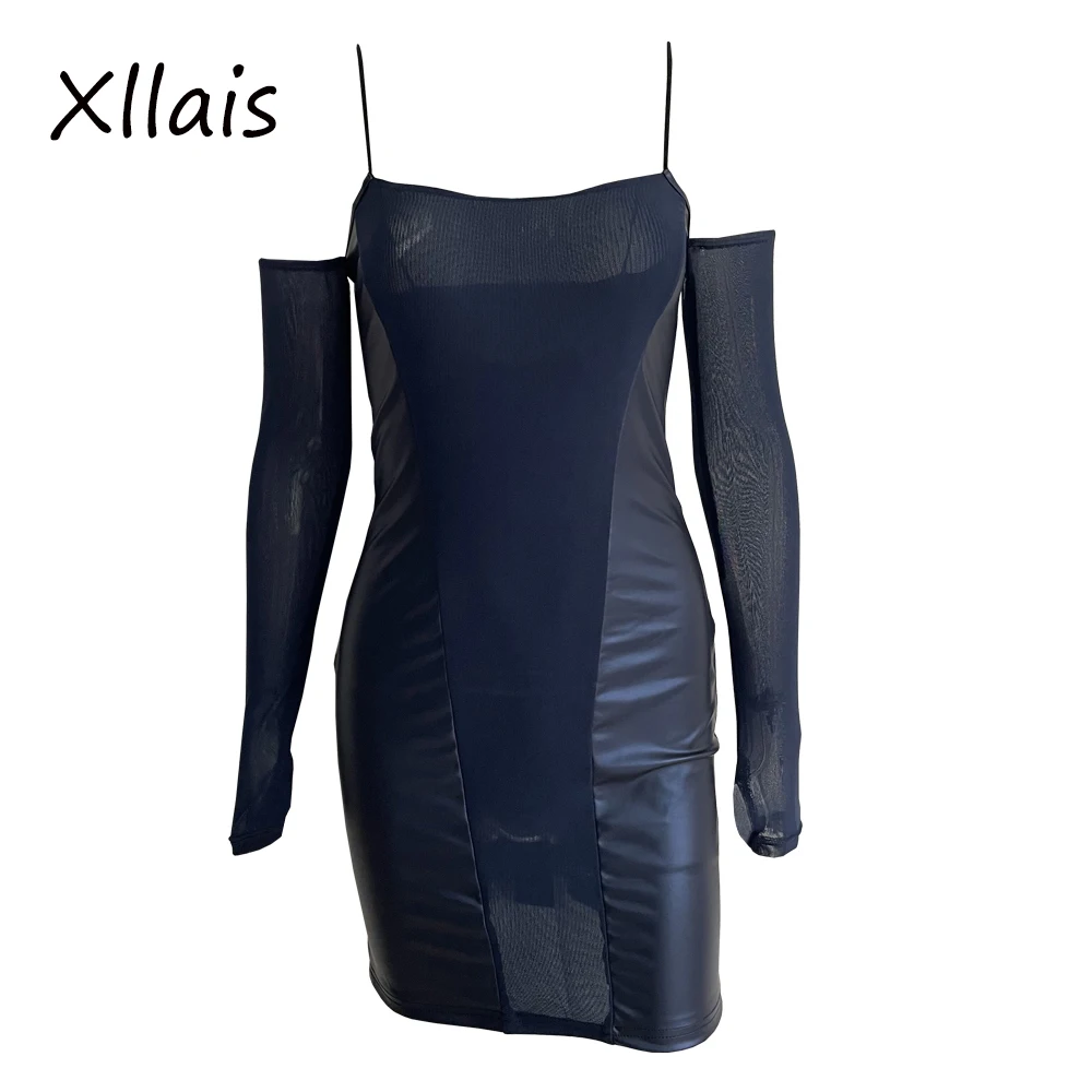 

Женское платье с открытыми плечами и длинным рукавом, из кожи