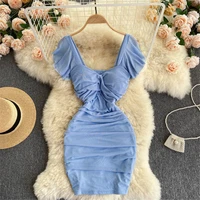 women sexy party slim dress summer sweet short sleeve pleated blue short dresses fashion casual sundress female clothing 2021