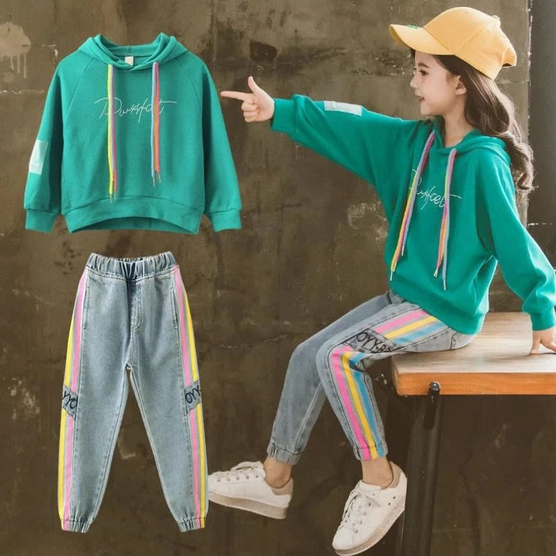New Autumn Spring Girls Clothing Suits Pullover Kids Colored Cotton Sweatshirt Tracksuit Sport Suits Outwear Jean Pants
