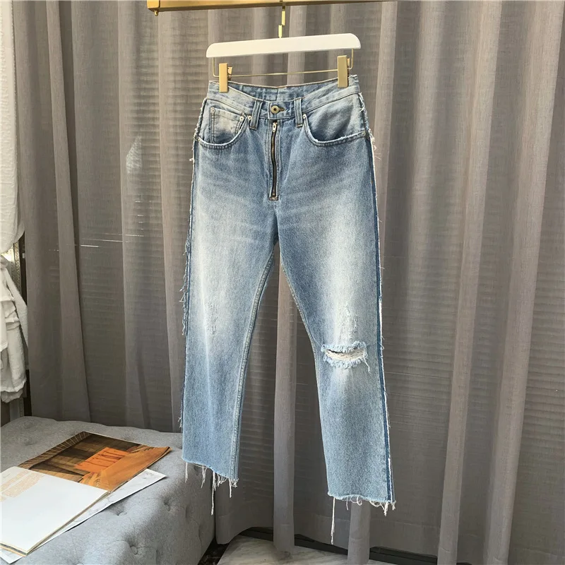 

Women's Ankle-length Jeans Frayed Hem High Waist Female Pencil Denim Pants