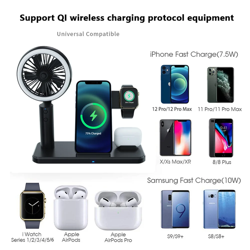 

Qi Wireless Charger 15W Fast Wireless Charging Station For Apple Watch AirPods Pro Fan Night Llight Foldable Stand For iPhone 12