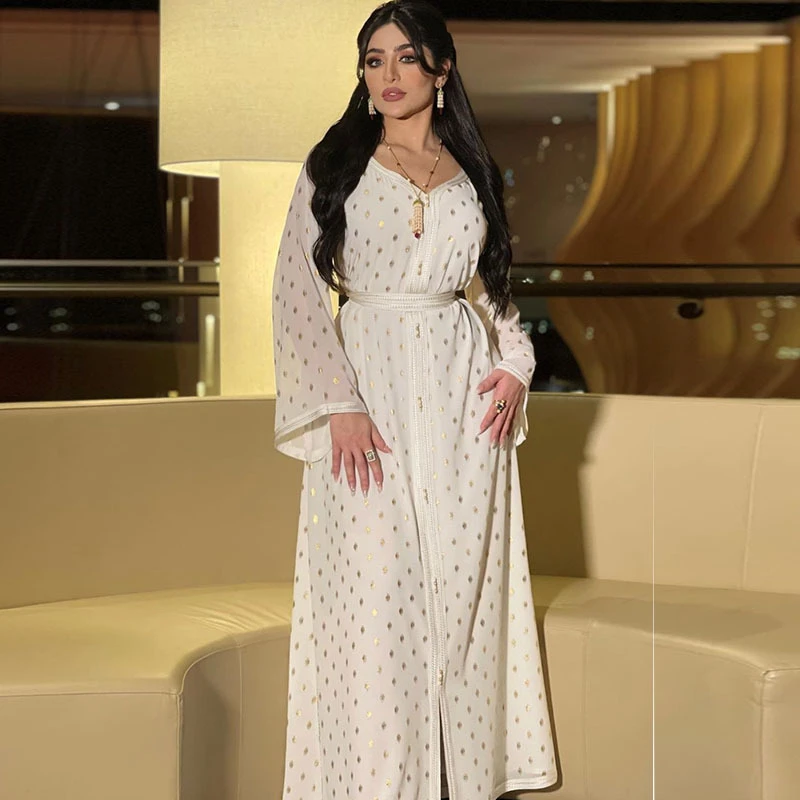 Модное мусульманское женское платье в стиле ретро, из двух частей, белое, в горошек, с золотыми штампами, с длинным рукавом, абайя, Дубай, араб...
