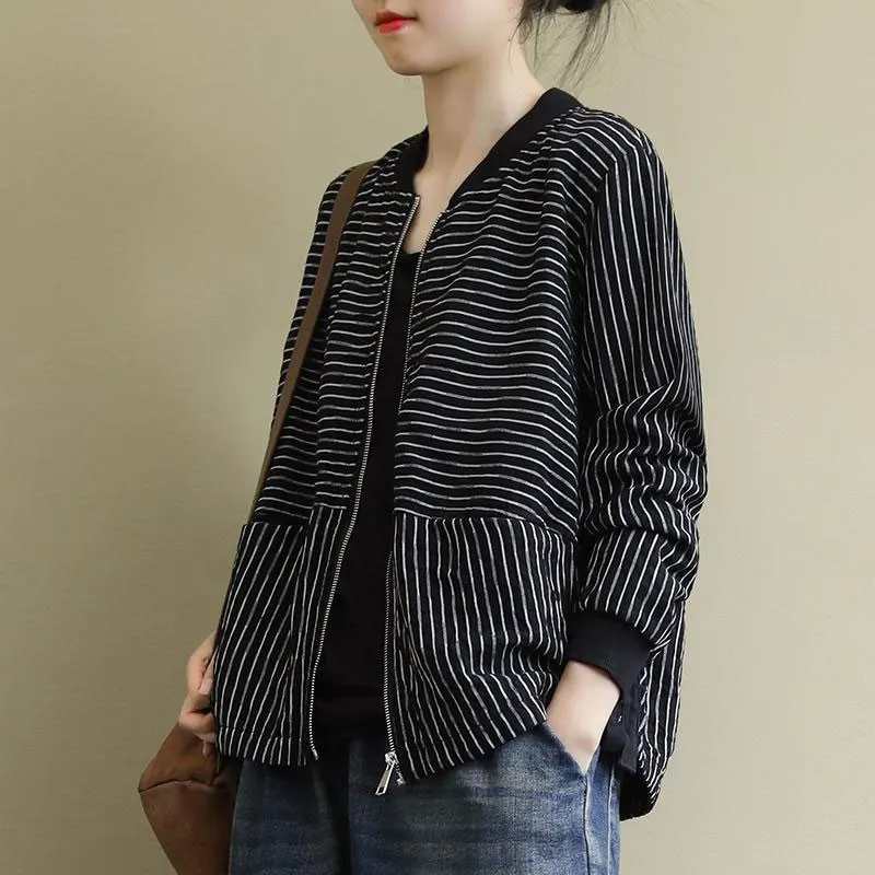 

New 2020 Spring Autumn Korea Fashion Women Long Sleeve Casual Striped Short Coats Cotton Loose Zipper Jackets Big Size M494