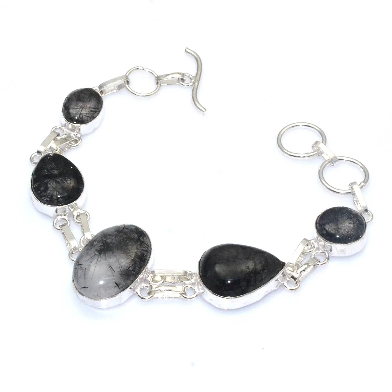 

Genuine Black Rutile Quartz Bracelet Silver Overlay over Copper , 19 cm, B4178