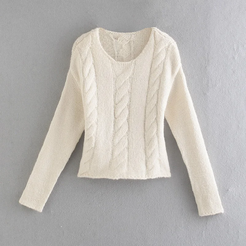 

MESTTRAF Women 2021 Fashion Loose Cable Knit Sweater Retro Round Neck Long Sleeve Women's Pullover Streetwear