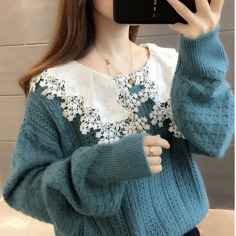 

Lace doll collar sweater women's autumn 2021 new loose spring and autumn foreign style large lapel sweater pullover