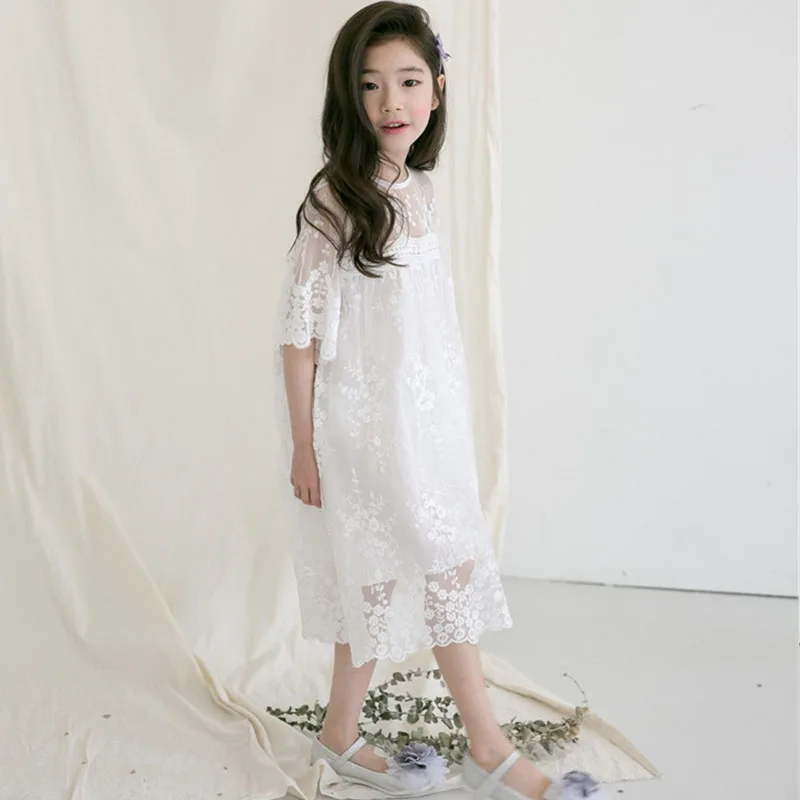 Кружевное платье с цветочным рисунком для девочек белое принцессы рукавом