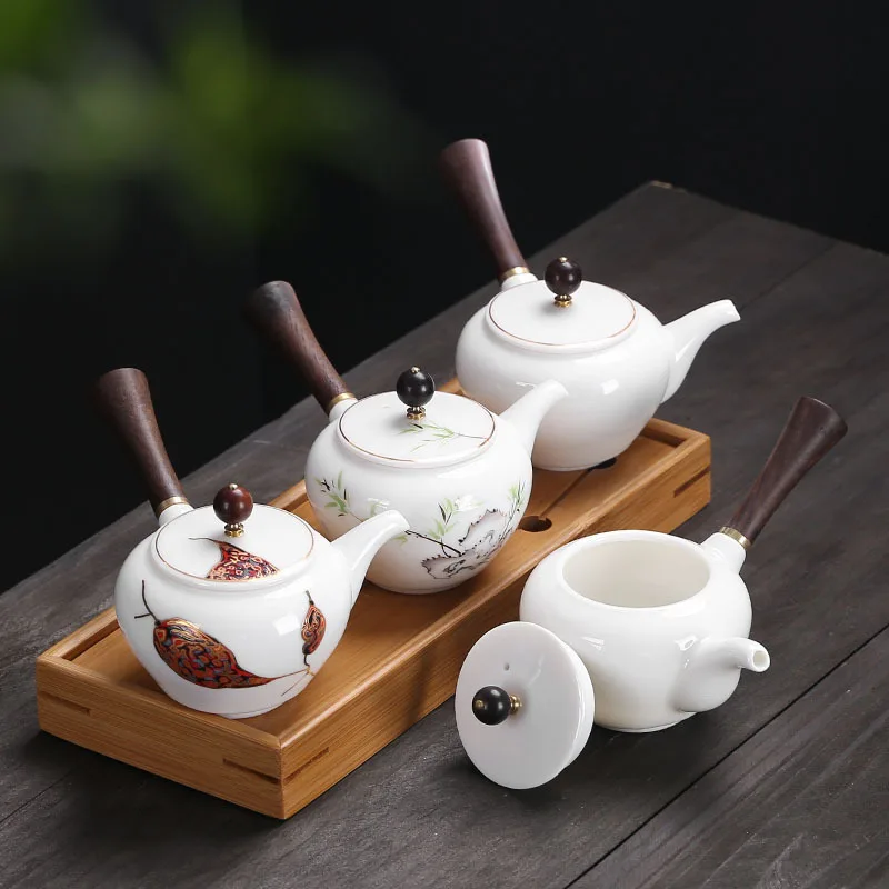 Белый нефритовый фарфоровый чайник керамическая белая посуда с боковой ручкой