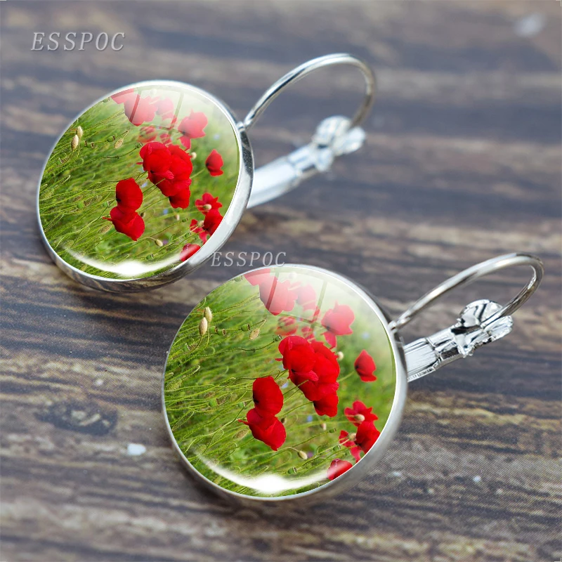 Серьги-Крючки женские серебристого цвета из макового стекла с кабошоном |