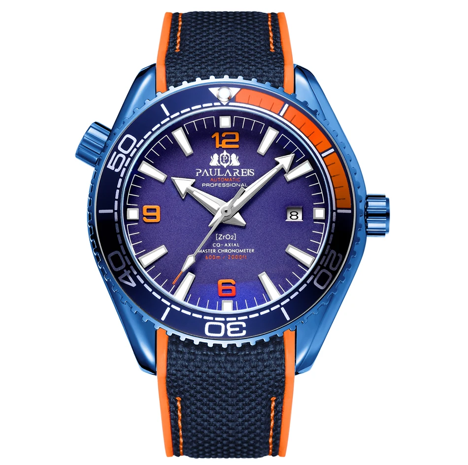 Blue Orange Мужские автоматические механические холщовые часы с резиновым ремешком James Bond 007, стильные оранжевые, синие, красные классические часы с вращающейся рамкой - Цвет: Blue Orange