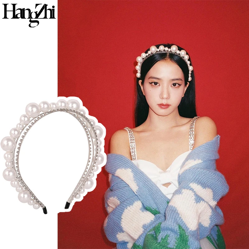 

HangZhi Cute Big Pearl Headband for Women Multilayer Shiny Rhinestone Valentine's Day Gift Kpop BP Jisoo Same Jewelry блэкпинк