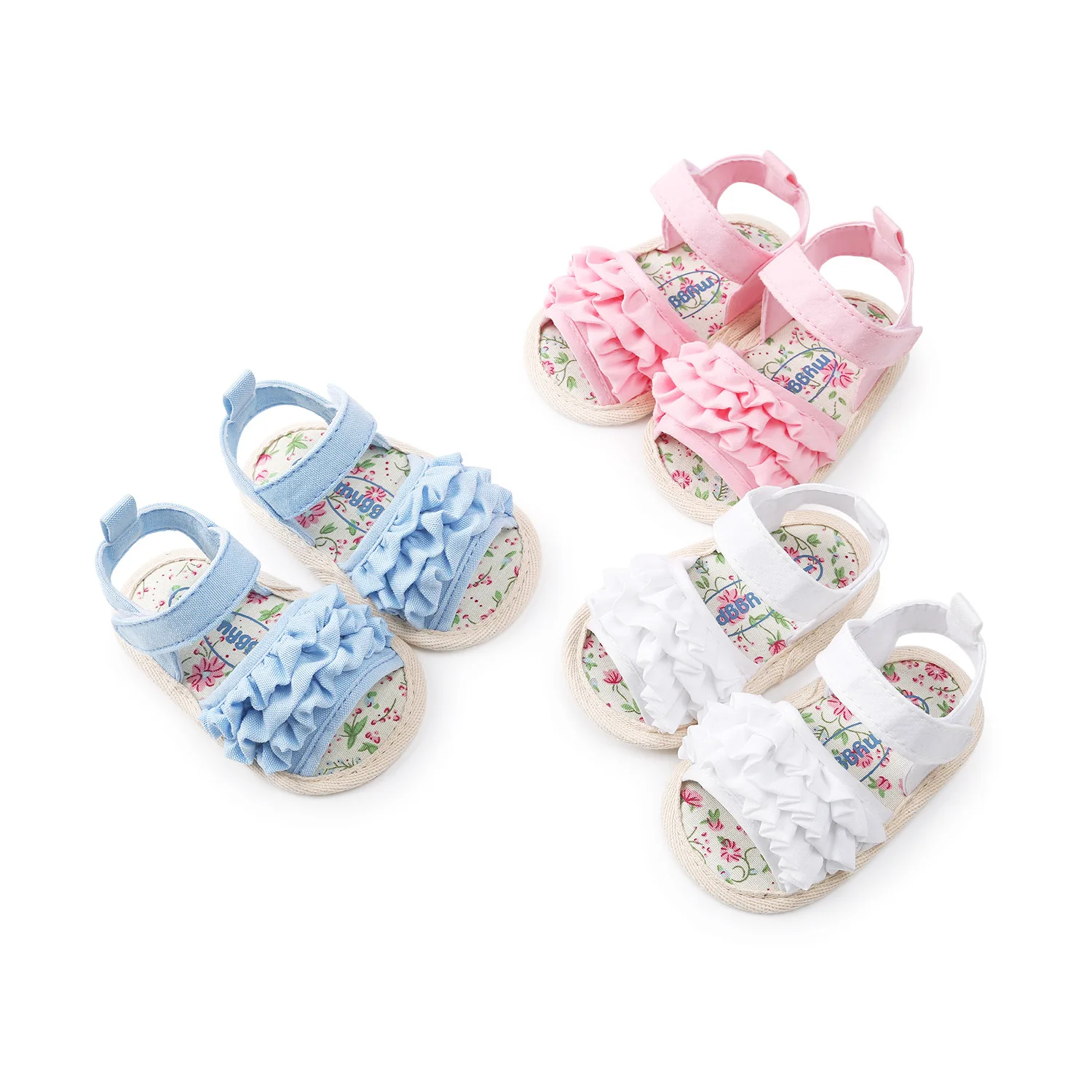 

Summer Baby Girls Sandals Soft Sole Infants First Walkers Blue Pink White Baby Girls Crib Shoes Cute Ruffle Princess Slippers