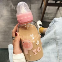 creative glass water cup with straw bottle portable cartoon cute pink piggy suitable for adults children pacifier feeding bottle