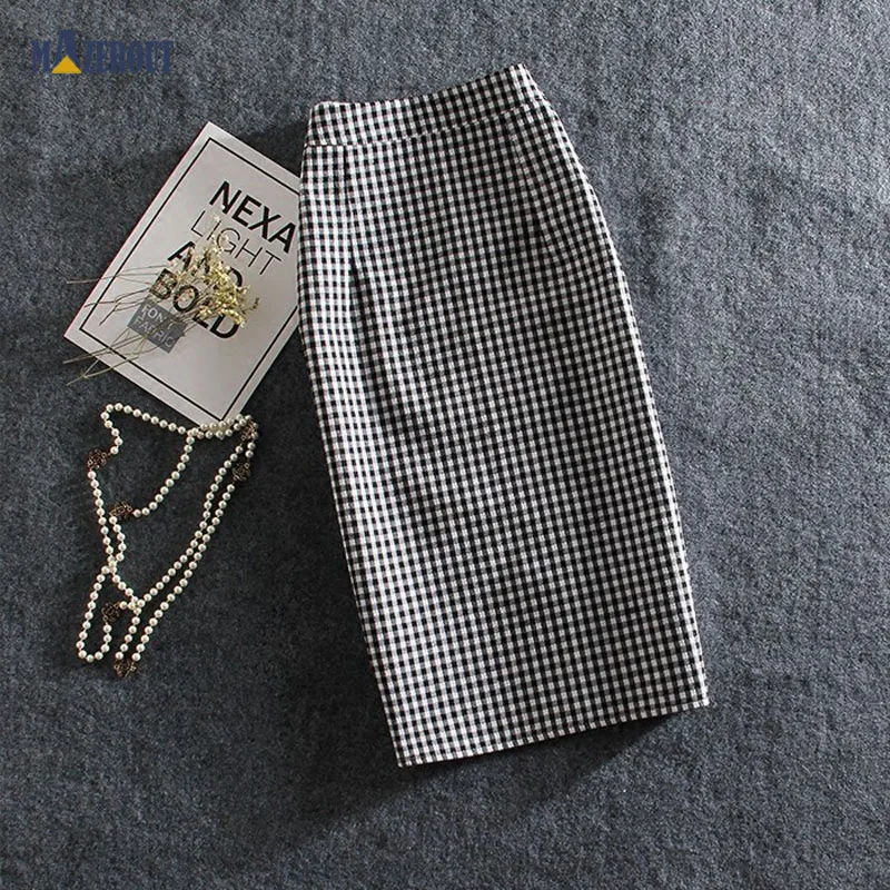 

MAZEROUT Womens Casual Skirt Plaid Slim High Waist Zipper Package Ladies Mid Long Pencil Skirt Spring New Arrival Size Vent