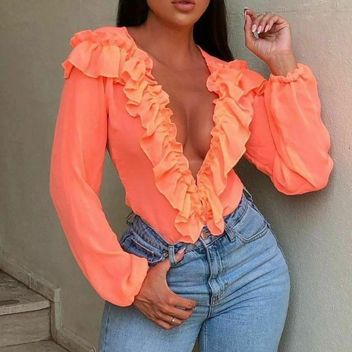 

Fashion Ruffles Beach casual women ladies Shirt Blouse Pure Color Long sleeve Sexy Deep V Neck club Mesh Pullover Clothes Autumn