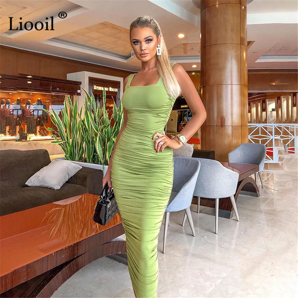 

Liooil Bodycon Ruched Midi Dress Women Summer 2021 Sleeveless Square Collar Sexy Backless Drawstring Party Package Hip Dresses