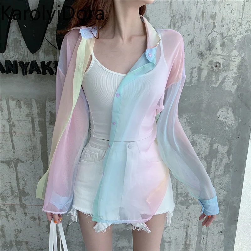 

Rainbow loose girl tops shirts beach Harajuku arco-iris tulle women blouse kawaii kimono cardigan female clothes blusas tule