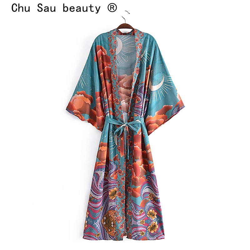 

New Fashion Summer Boho Style Vintage Printed Kimono Women Holiday Chic Cotton Loose Long Dress Female Beachwear Sashes Kimonos