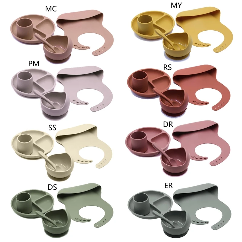 

5pcs Baby Plate Spoon Feeding Food Tableware Set Feeding Bibs Bowl Food Grade Silicone Non-slip Bowl BPA Free Silicone Cup gifts