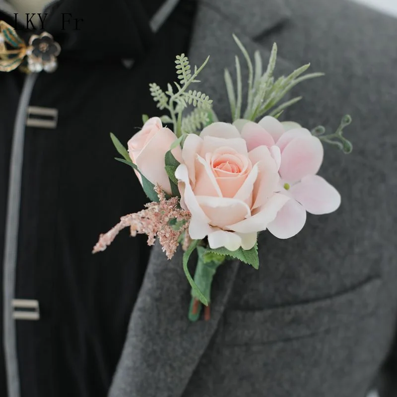 LKY Fr Boutonnieres Flowers Artificial Red Roses Silk Ivory Corsage Buttonhole Groomsmen Boutonniere for Men Wedding Accessories