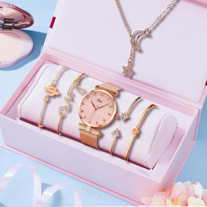

Luxury Women Watches 6pcs Set Elegant Female Wristwatches Magnetic Mesh Band Rose Woman Watch Bracelet