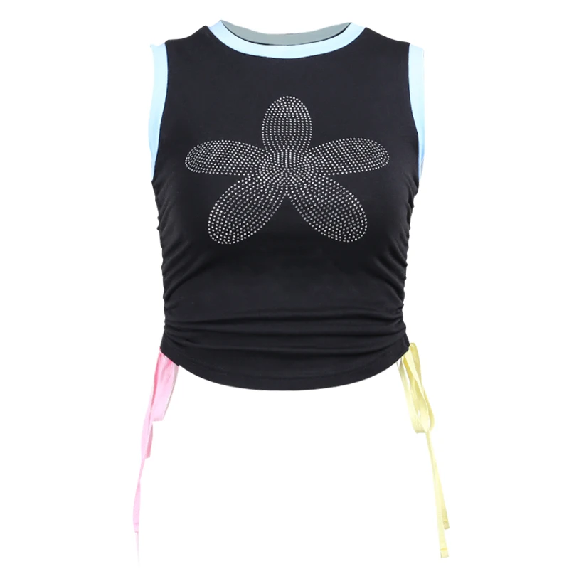

InsDoit Gothic Grunge Summer Crop Tops Women Diamond Floral Bandage Harajuku Sexy Black Tanks Streetwear Punk Basic Tank Tops