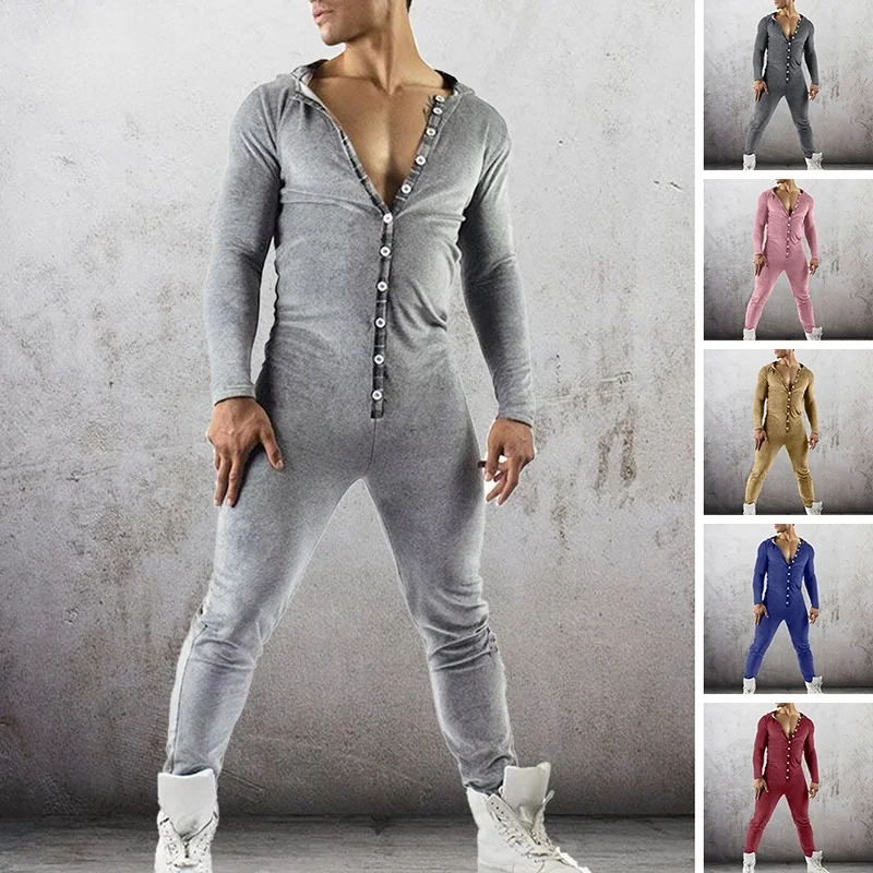 

Men's Jumpsuit Casual Solid Color Hooded Fashion Slim Fit Overall Long Sleeve Plaid Ear Elastic Full Length