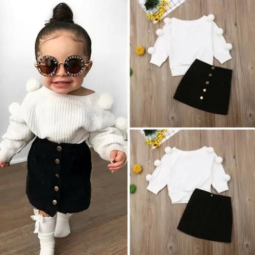 Autumn Winter Clothes Toddler Baby Girls Clothes Hairball Knit Tops+Button Mini Skirt Warm Outfits Sets Clothes 1-6Y