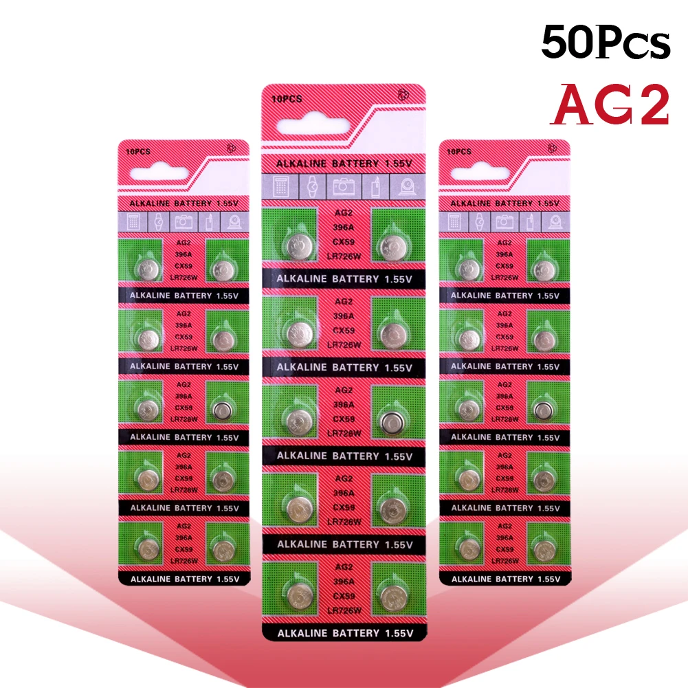 50 шт. щелочные батареи AG2 1 5 V G2 396A LR726 SR726W GP397 1164SO SR59W SR726 монета кнопочная ячейка