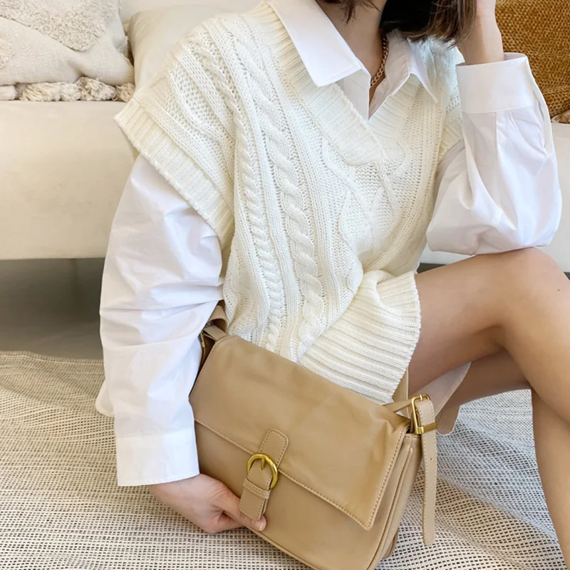 

SHENGPALAE Fashion Women Autumn Simple V-neck Solid Color Loose Hemp Pattern Sleeveless Knitted Vest Female Tide 2021 5E3254