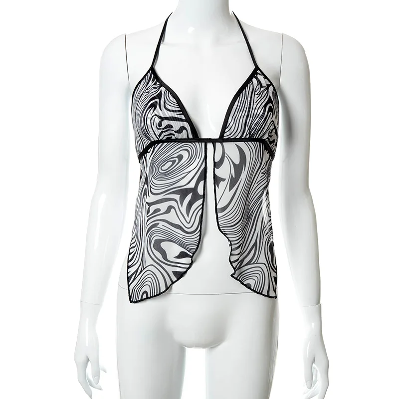 

Y2K EGIRL Y2K Fashion Sexy Backless Wave Print Mesh Halter Tops 2000s Vintage V-neck Lace-Up Slit Crop Top Club Outfits Summer