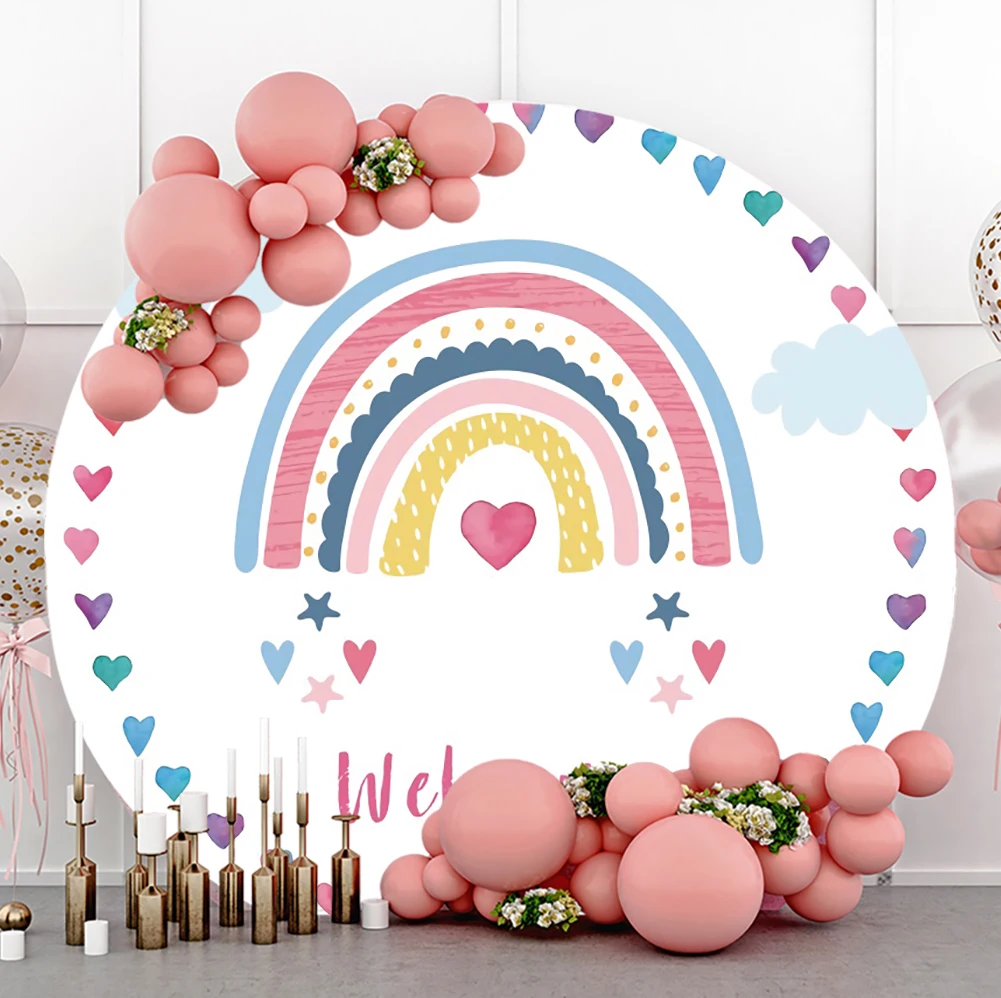 

Cartoon Rainbow Baby Shower Birthday Party Round Photography Background Children Portrait Custom Photo Backdrop Family Photocall