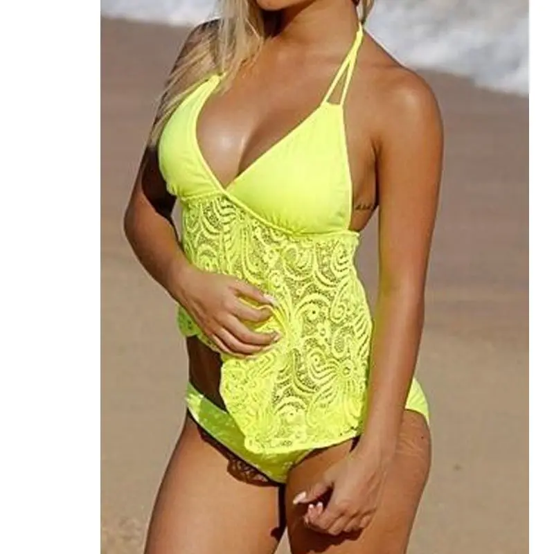 lace yellow Новинка, танкини в горошек, набор для плавания размера плюс, женская одежда для плавания, винтажная пляжная одежда, купальные костюмы, женский бандажный Монокини - Цвет: lace yellow