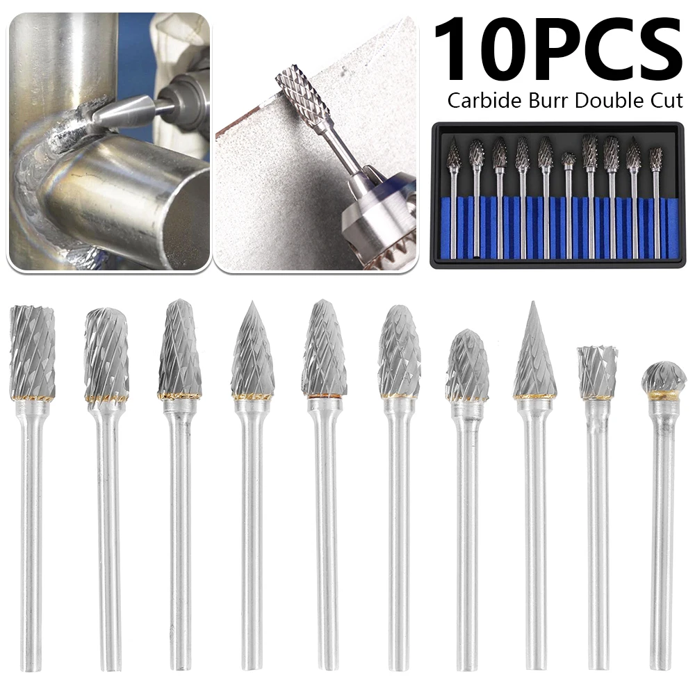 

10pc Burr Carbide Tungsten Steel Rotary Set Carving Bits Set with 3mm Shank 6mm Head for Dremel and Most Rotary Tool Die Grinder