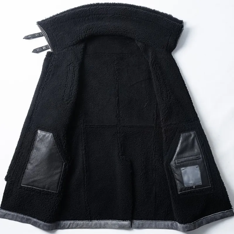 

Collar Sheepskin Coat Double Men Winter Warm Sashes Real Fur Overcoat Streetwear Zipper Medium Long Biker Jackets Oversize 4XL