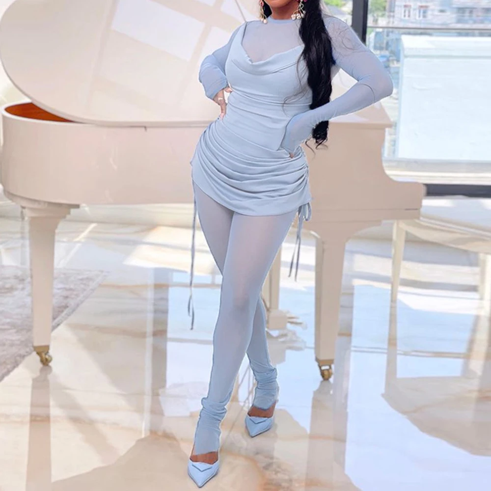 

Pure Color Drawstring Pleated Sling Top Mesh Two Piece Sets Fashion Women's Clothing Sexy Jumpsuits Sets Matching Sets Wholesale
