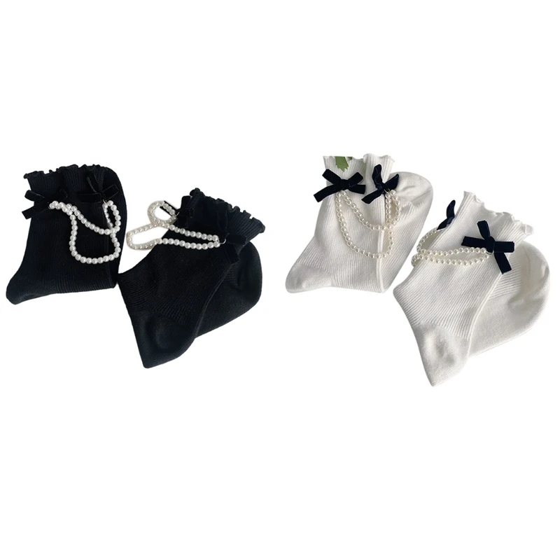 

Женские короткие носки в японском стиле, винтажные бархатные носки до щиколотки в готическом стиле, Лолита, с имитацией жемчуга, цепочкой и ...