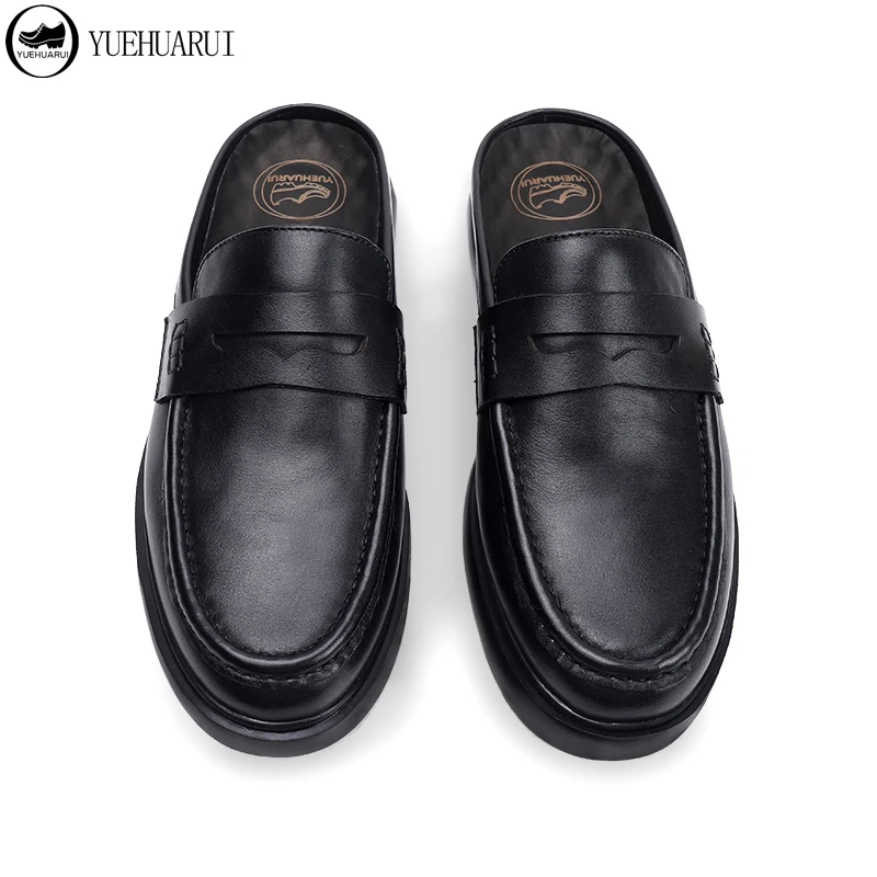 Туфли без каблука мужские летние модные повседневные кожаные шлепанцы на