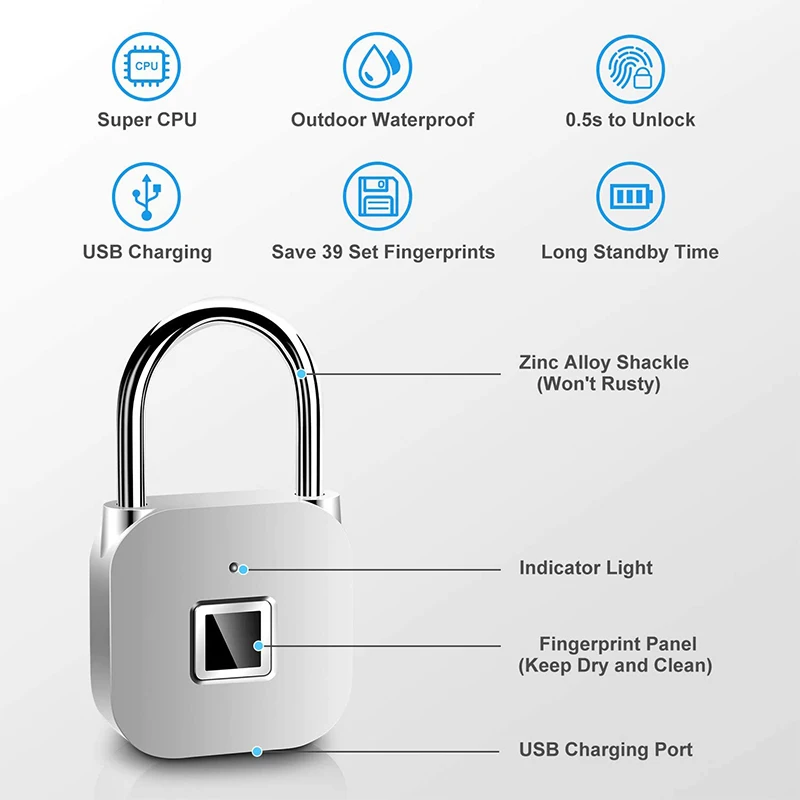 

Smart Security Padlock USB Rechargeable Anti-Theft Padlock with 39 Set of Fingerprints for Locker/Door/Wardrobes Ect