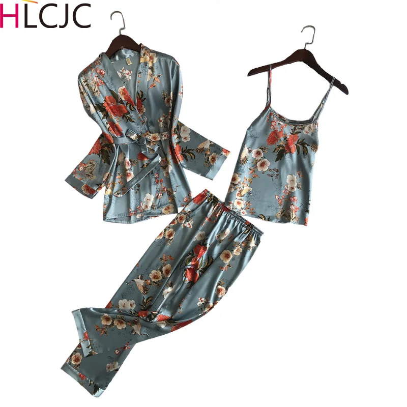 Женский пижамный комплект из 3 предметов со штанами сексуальное атласное ночное