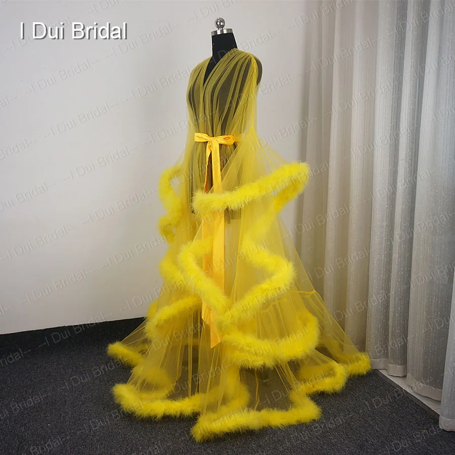 Женский фатиновый шарф с длинным рукавом желтое Прозрачное платье перьями для