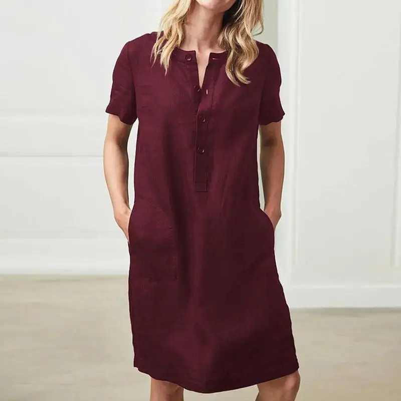 

5XL Cotton Linen Women's Dress Casual V-neck Midi Loose Red Dresses Female Summer New Elegant Fashion Clothes Ladies