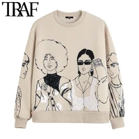 traf women fashion oversized character print sweatshirt vintage o neck long sleeve female pullovers chic tops