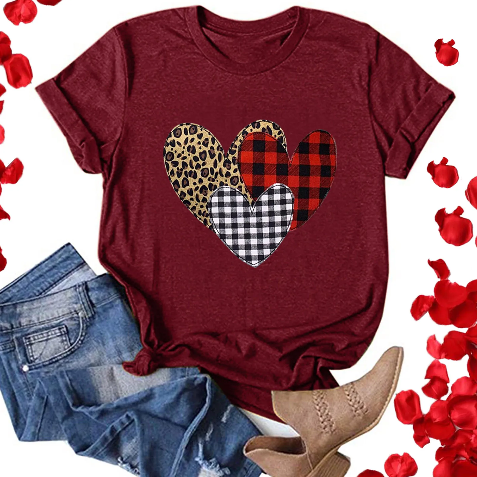 Женская клетчатая футболка с цветным принтом сердца Милая для подарка на День