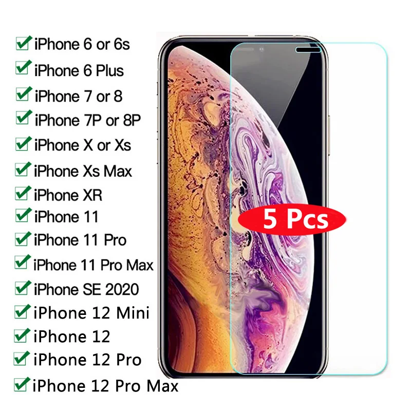 5 шт. защита для экрана из закаленного стекла iPhone 11 12 Pro Max X XS XR 5S SE 2020 защитная